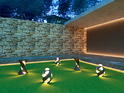 Outdoor Lights On Green Lawn With Modern Twisted Spherical Design Patio Stone Wall Illuminated Evening 3d model