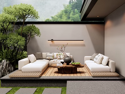 White Outdoor Sofa Set on Wooden Deck with Lush Green Plants and Coffee Table 3d model