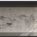 Ink Painting Style Background Wall With Mountains Water Surface And Flying Birds Natural Scenery Design