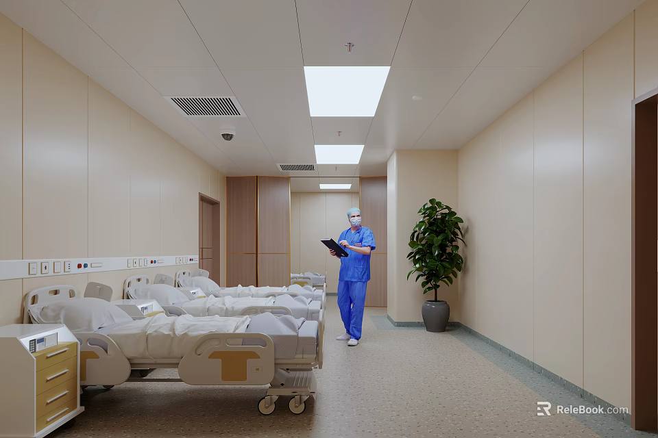Hospital Outpatient Corridor With Medical Staff Blue Uniforms White Beds Green Plant And Light Walls 3d model 