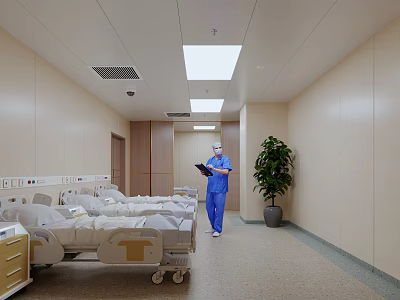 Hospital Outpatient Corridor With Medical Staff Blue Uniforms White Beds Green Plant And Light Walls 3d model