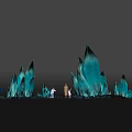 Commercial Display Equipment With Blue Transparent Ice Like Structures On Black Background And Reflective Water Surface