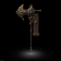Gold Decorated Battle Axe With Ornate Carvings And Red Cloth Banner On Display Pedestal
