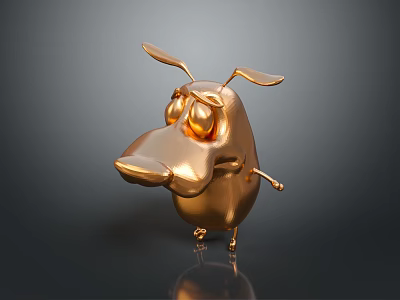 Golden 3D Cartoon Dog With Big Eyes Long Nose Floppy Ears And Dark Background Reflection 3d model