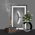 Decorative Ornament Combination With Framed Crane Art Calla Lily Vase Books And Incense Sticks