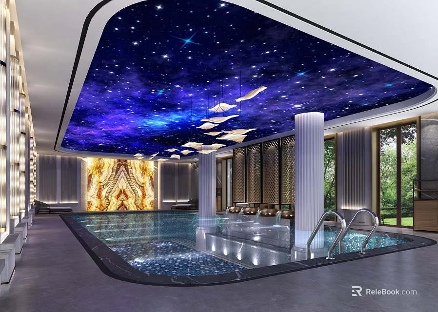 Luxurious Modern Swimming Pool With Starry Sky Ceiling And Floor To Ceiling Windows 3d model 