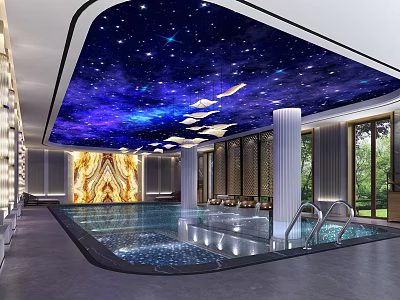 Luxurious Modern Swimming Pool With Starry Sky Ceiling And Floor To Ceiling Windows 3d model