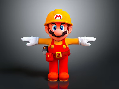 Cartoon Construction Worker Character With Yellow Hard Hat Red Overalls White Gloves And Tool Belt 3d model