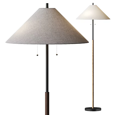 Contemporary Floor Lamp With Gray Fabric Shade And Wooden Metal Stand 3d model