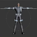 Detailed 3D Superhero Character Wearing Blue Uniform With White Stripes Holding Weapons Standing Pose
