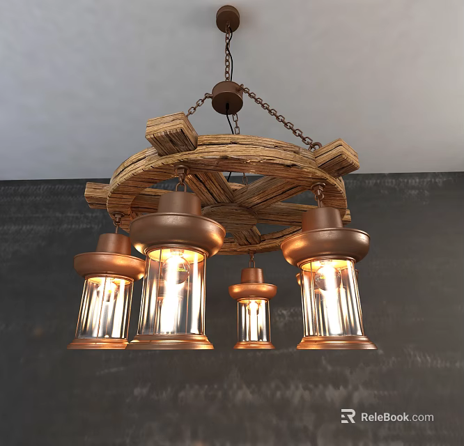 Unique Chandelier With Wooden Metal Frame And Copper Lantern Shades Vintage Industrial Design 3d model 
