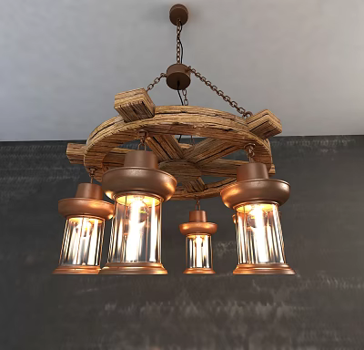 Unique Chandelier With Wooden Metal Frame And Copper Lantern Shades Vintage Industrial Design 3d model