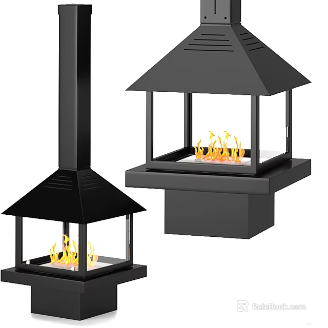 Modern Black Fireplace Interior with Glass Doors and Burning Flames 3d model 