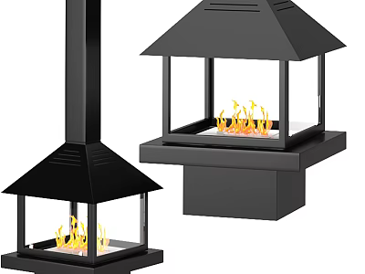 Modern Black Fireplace Interior with Glass Doors and Burning Flames 3d model