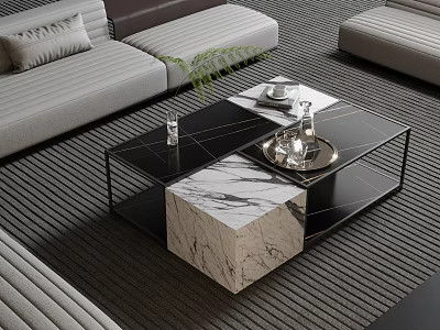 Modern Living Room Coffee Table with Marble Top and Black Metal Frame and Grey Sofa 3d model