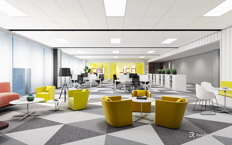 Modern Public Office Space With Open Layout Yellow Chairs Desks And Green Plants 3d model 