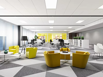 Modern Public Office Space With Open Layout Yellow Chairs Desks And Green Plants 3d model
