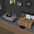 Stylish Vinyl Record Player Audio System With Displayed Records And Wall Decor On Wooden Cabinet
