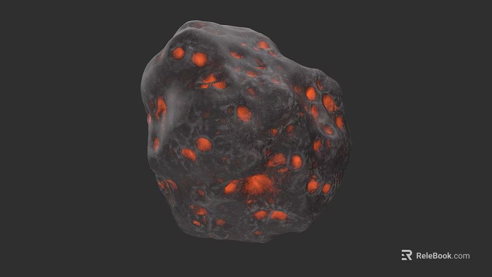Dark Rock With Orange Glowing Spots On Irregular Surface And Black Background 3d model 