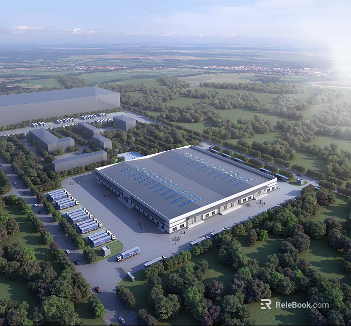 Modern Industrial Factory Building with Spacious Layout Surrounded by Green Trees and Parking Areas 3d model 