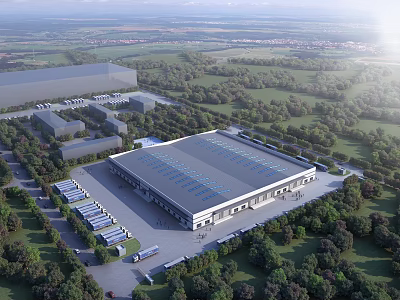 Modern Industrial Factory Building with Spacious Layout Surrounded by Green Trees and Parking Areas 3d model