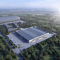Modern Industrial Factory Building with Spacious Layout Surrounded by Green Trees and Parking Areas