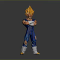 Game Anime Character Golden Spiky Hair Blue Battle Suit Muscular Build Standing With Arms Crossed