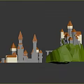 Colorful Cartoon Scenery Featuring Castle Green Hill And Orange Roof Small Buildings