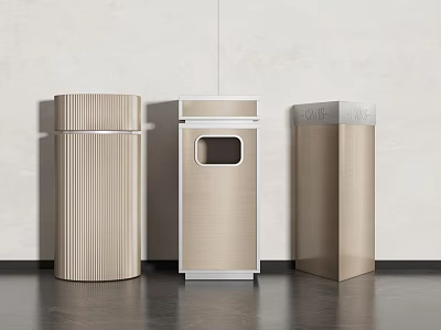 Public Trash Bins Featuring Vertical Ribbed And Square Metal Designs With Small Window Opening 3d model