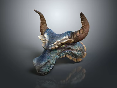 Intricate Dragon Head Sculpture With Brown Horns Blue Scales And Textured Details 3d model