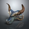 Intricate Dragon Head Sculpture With Brown Horns Blue Scales And Textured Details