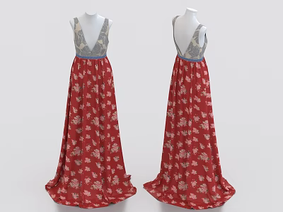 Red Floral Long Dress Featuring V Neck Front Back Design Gray Top Blue Belt 3d model