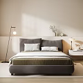 Cozy Double Bed in Modern Bedroom with Beige Walls White Curtains and Floor Lamp
