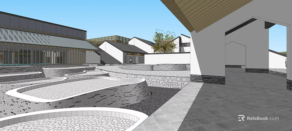 Commercial Landscape Featuring Traditional Modern Architecture Courtyard Stone Paths And Water Features 3d model 