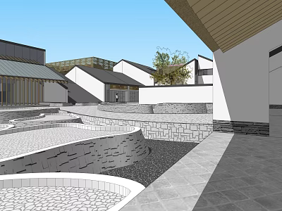 Commercial Landscape Featuring Traditional Modern Architecture Courtyard Stone Paths And Water Features 3d model