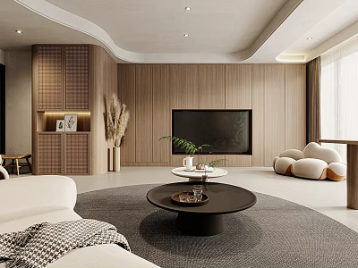 Modern Living Room Interior Design With Wooden Walls Sofa Coffee Table TV And Plants 3d model