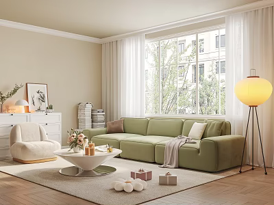 Bright Modern Living Room With Green Sofa Large Window And Floor Lamp 3d model