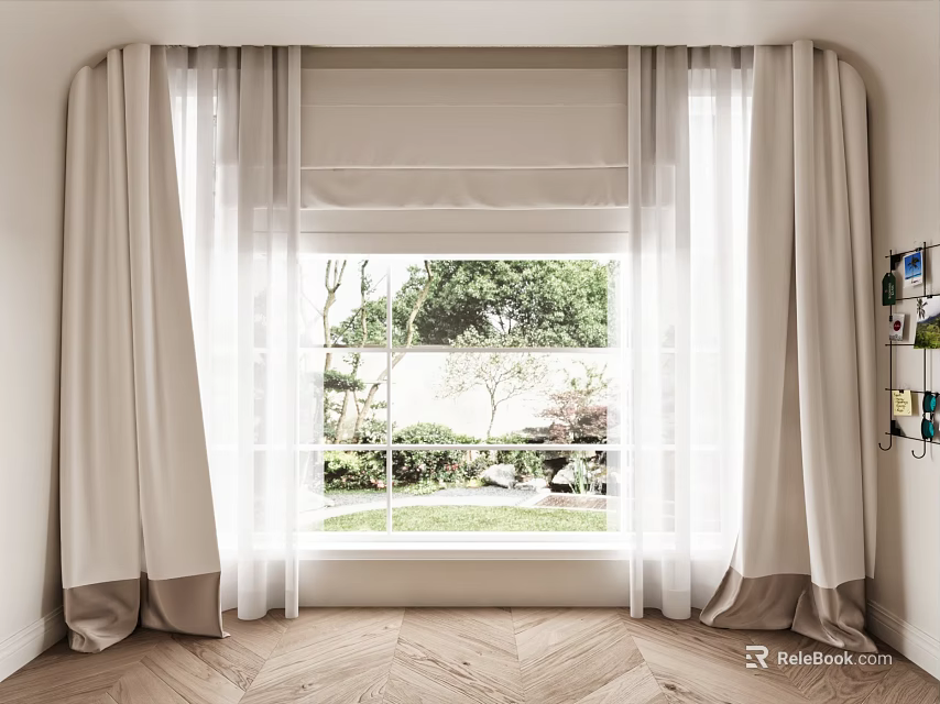 White and Beige Light Filtering Curtains With Green Garden View And Herringbone Wooden Floor 3d model 