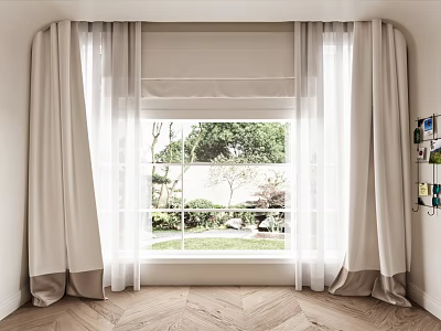 White and Beige Light Filtering Curtains With Green Garden View And Herringbone Wooden Floor 3d model