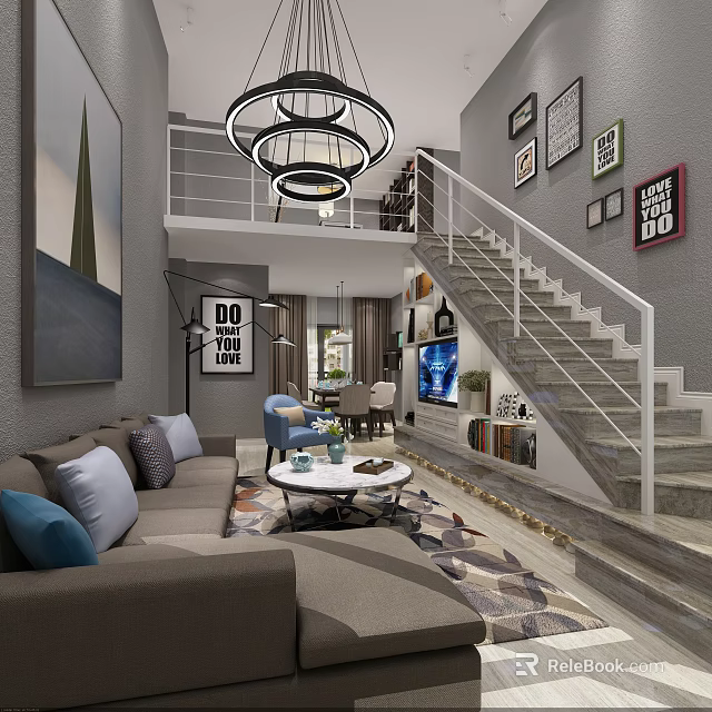 Modern Living Room Interior With Sofa Coffee Table TV Staircase And Decorative Paintings 3d model 