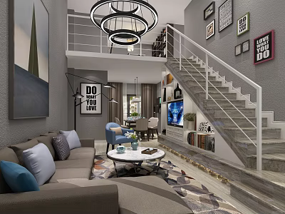 Modern Living Room Interior With Sofa Coffee Table TV Staircase And Decorative Paintings 3d model