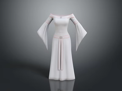 Elegant Woman Wearing White Off the Shoulder Long Dress With Bell Sleeves And Belt 3d model