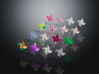 Multiple Colorful Pinwheels Decorated Display Shelf On Black Background With Reflections 3d model