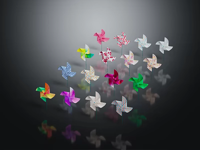 Multiple Colorful Pinwheels Decorated Display Shelf On Black Background With Reflections 3d model