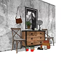 Vintage Industrial Entryway Interior With Wooden Console Cabinet Two Chairs Framed Artwork And Decorative Items
