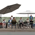 People enjoying outdoor gathering by table with umbrellas near pool and hedge