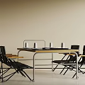 Modern Dining Table Set With Wooden Tabletop Metal Legs And Black Chairs With White Cups