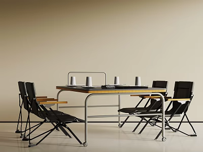 Modern Dining Table Set With Wooden Tabletop Metal Legs And Black Chairs With White Cups 3d model