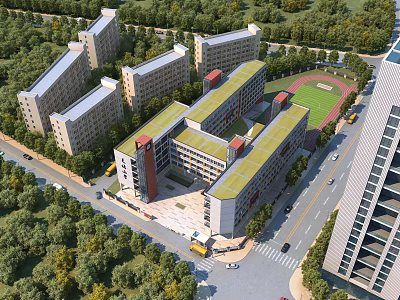Aerial View Of School Buildings With Playground And Greenery 3d model
