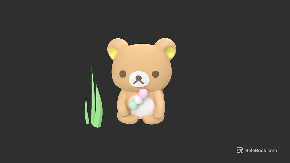Cute Brown Cartoon Bear With Yellow Ears Holding Colorful Balls And Green Grass 3d model 